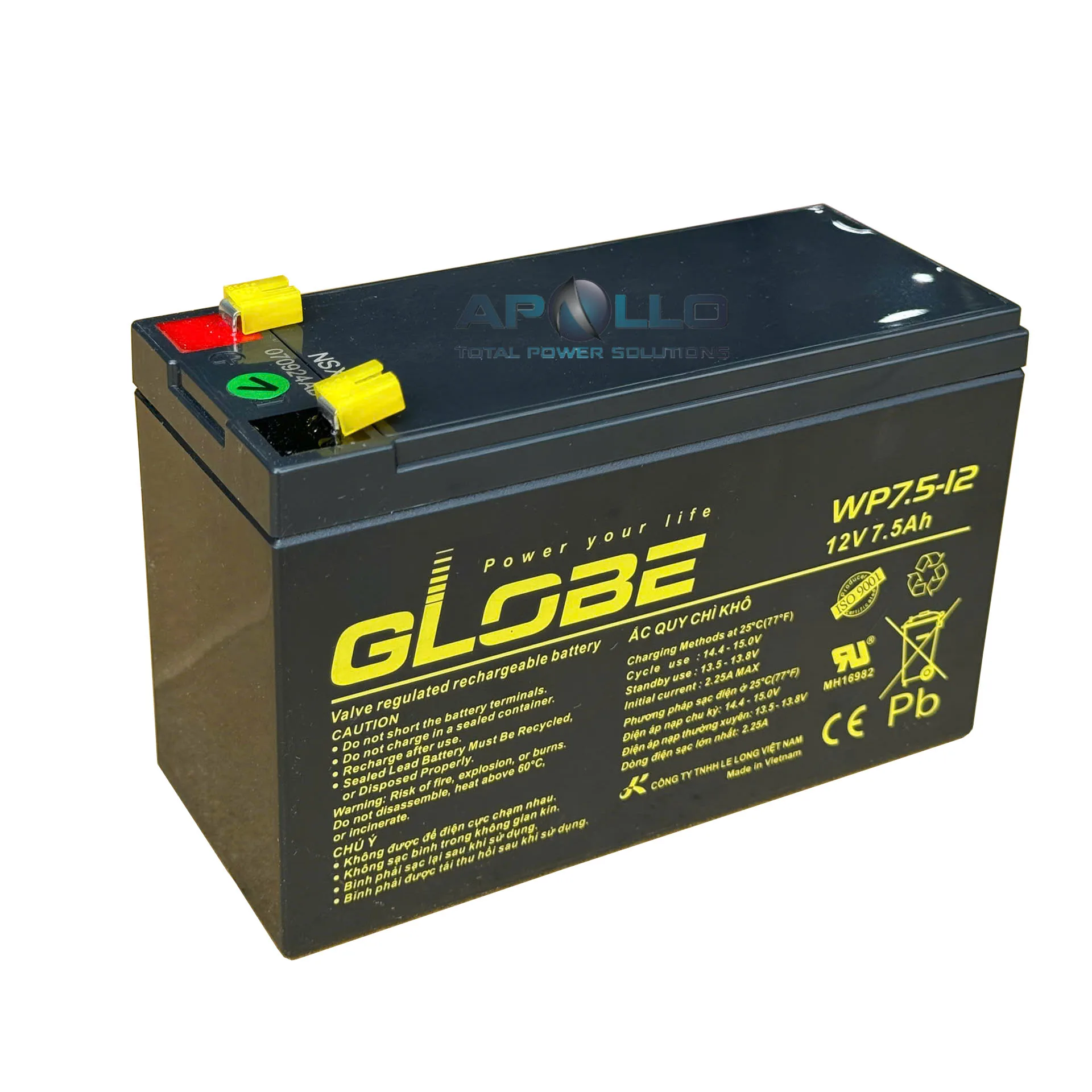 Ắc quy 12V 7.5Ah, WP7.5-12, Globe 2 Ắc quy 12V 7.5Ah, WP7.5-12, Globe - Ảnh 2